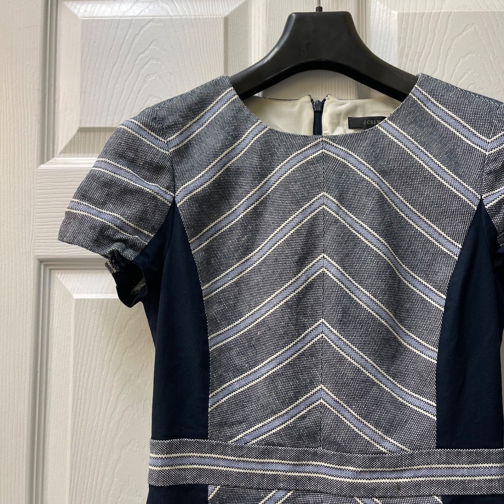 J.Crew Women's Size 2 Color Block Chevron Dress‎ C4720 Navy Blue Cotton/Linen